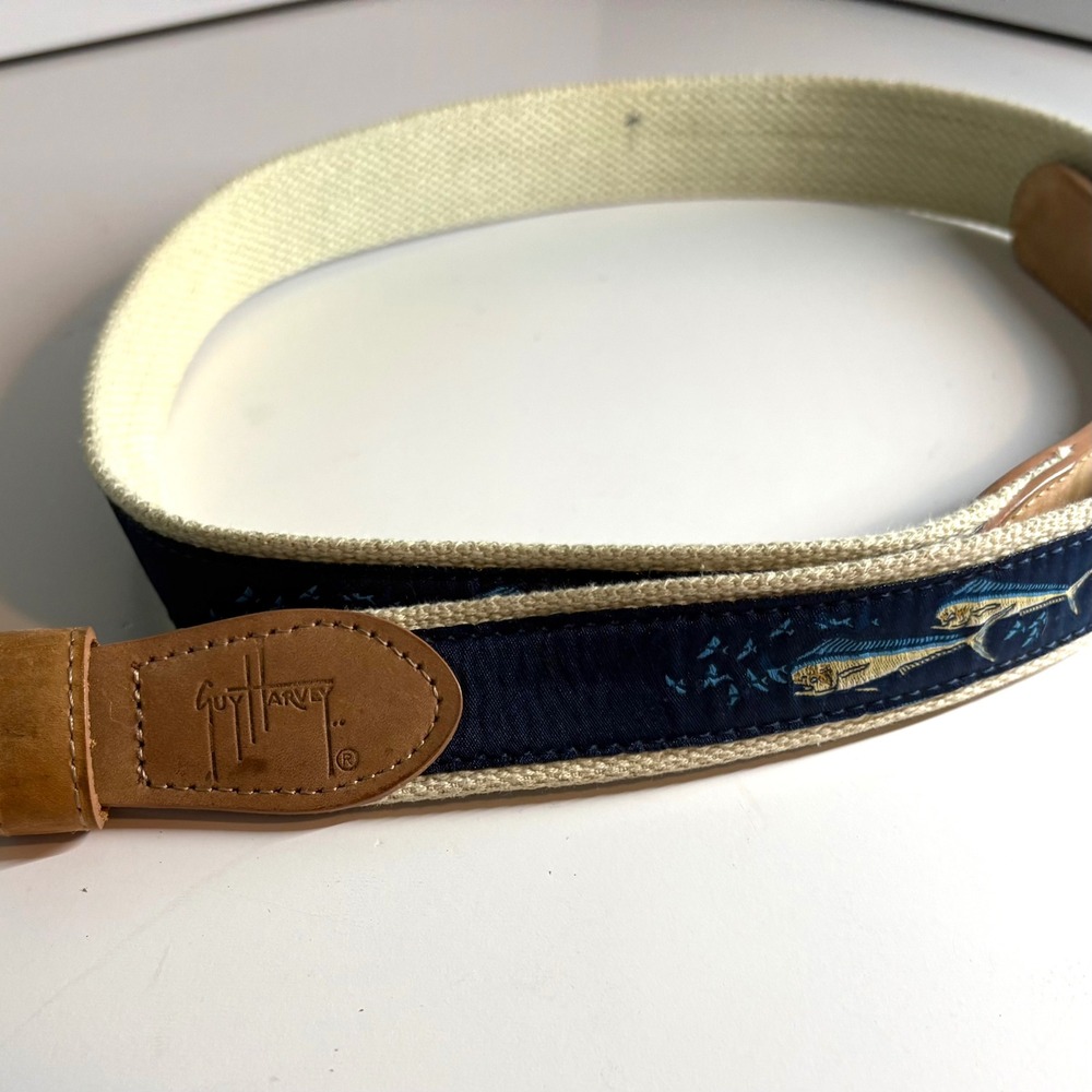 Guy Harvey Men's Nay and Cream Canvas Mahi Mahi Print‎ Belt in Size 40